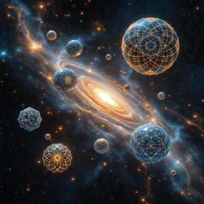 The primary subject of the image is a spiral galaxy, which is the main object, scene, or focus of the image. The galaxy is surrounded by a variety of celestial objects, including stars, planets, and other celestial bodies. The setting is a dark, starry sky, which serves as the backdrop for the galaxy and its surroundings. The visual style of the image is a combination of photo and digital art, creating a realistic yet artistic representation of the galaxy and its cel